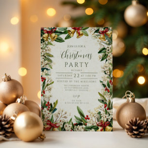 Invitation Golden Bells Holly Christmas