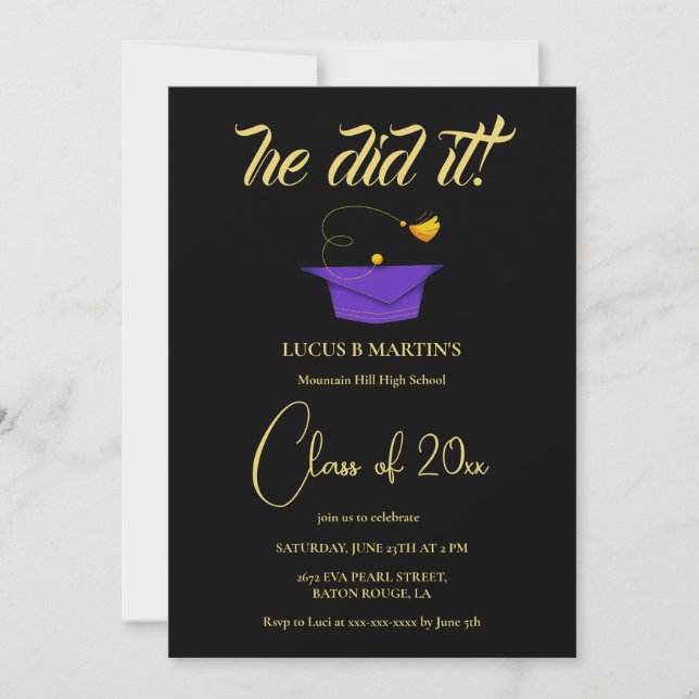 Invitation Golden Black Elegant il l'a fait Graduation party (Devant)