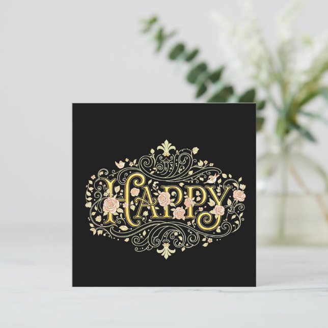 Invitation Golden Bliss: Elegant Floral Happy (Debout devant)