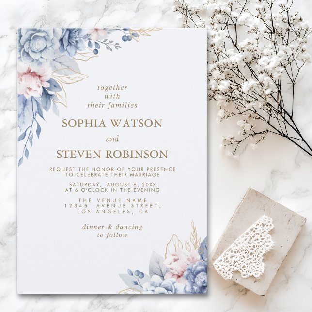 Invitation Golden Bloom: Blue & White Floral Wedding (Créateur téléchargé)