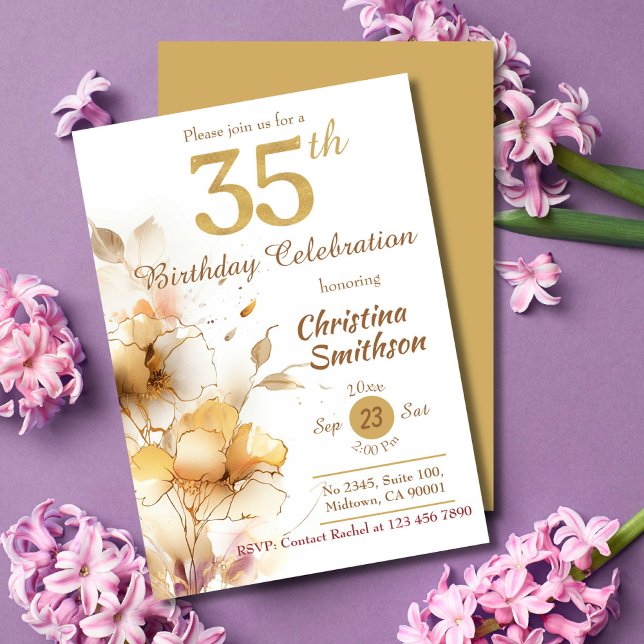 Invitation Golden Bloom - floral élégant moderne 35e annivers (Créateur téléchargé)