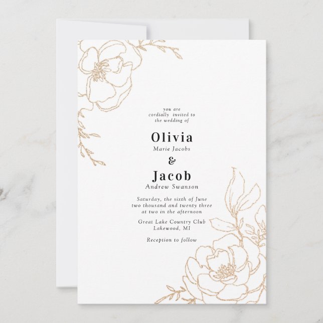 Invitation Golden Blossoms Floral Mariage Design (Devant)