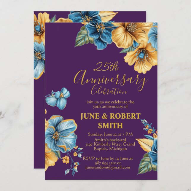 Invitation Golden Blue floral 25e anniversaire mariage (Devant / Derrière)