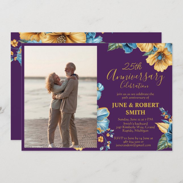 Invitation Golden Blue floral 25e anniversaire mariage (Devant / Derrière)