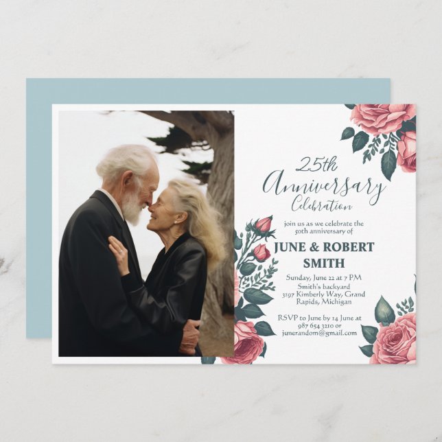 Invitation Golden Blue floral 25e anniversaire mariage (Devant / Derrière)