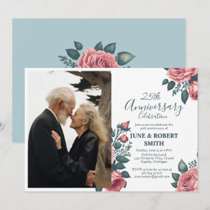 Invitation Golden Blue floral 25e anniversaire mariage