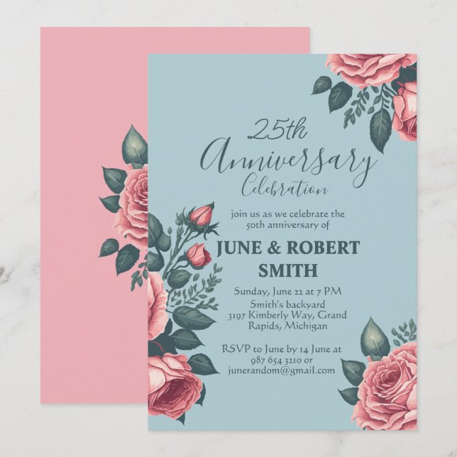Invitation Golden Blue floral 25e anniversaire mariage (Devant / Derrière)