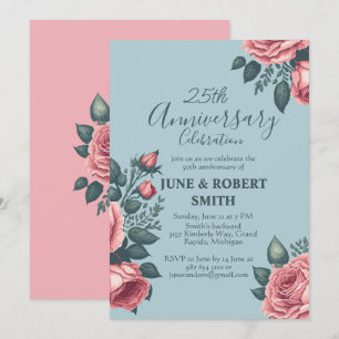 Invitation Golden Blue floral 25e anniversaire mariage
