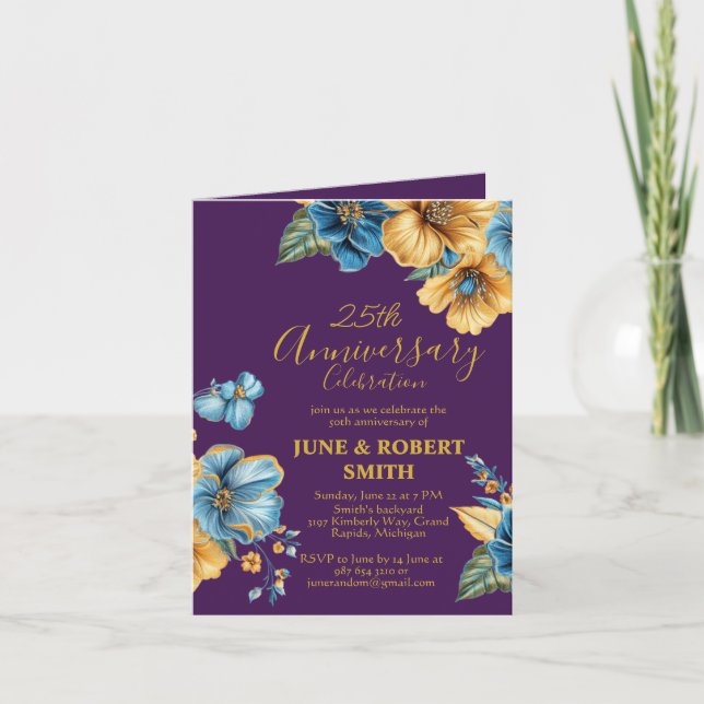Invitation Golden Blue floral 25e anniversaire mariage (Devant)