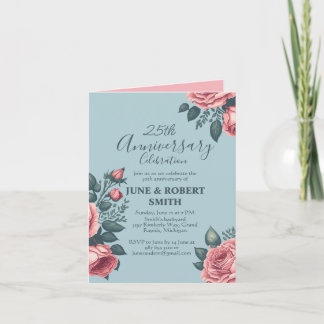Invitation Golden Blue floral 25e anniversaire mariage