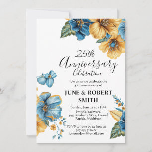Invitation Golden Blue floral 25e anniversaire mariage