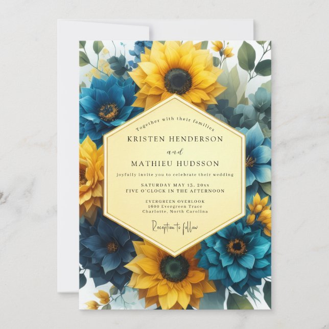 Invitation Golden Blue Floral Romance Wedding (Devant)