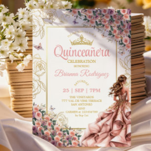 Invitation Golden Blush Roses Roses Quinceañera 