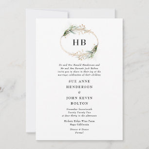 Invitation Golden Botanique Eucalyptus Wreath Monogramme Vert