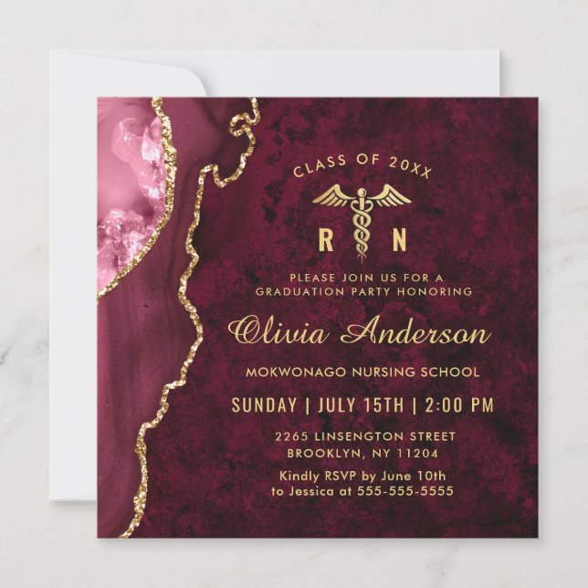 Invitation Golden Burgundy RN Nursing School Graduation Party (Devant)