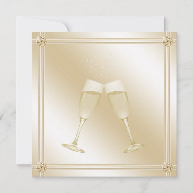 Invitation Golden Champagne Glass & Sapphire Engagement Party (Devant)