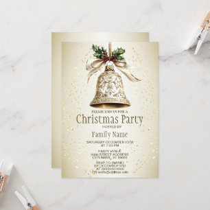 Invitation Golden Christmas Bell Shiny Stars Green Feuilles