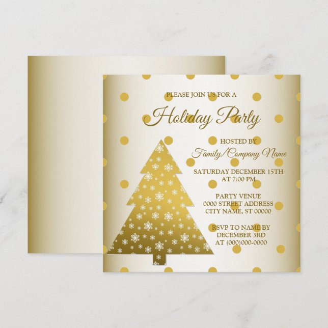 Invitation Golden Christmas Tree fêtes À petits pois (Devant / Derrière)