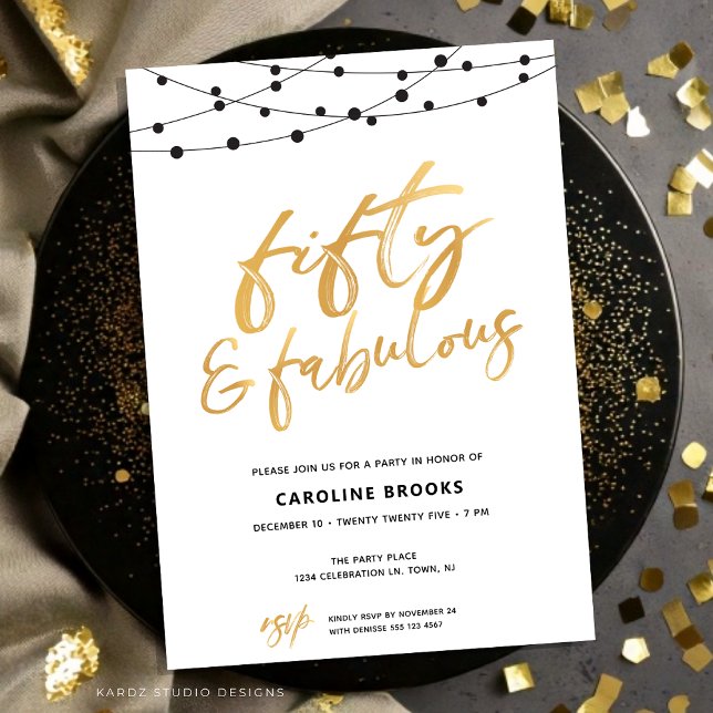 Invitation Golden Cinquante et fabuleux 50e anniversaire Invi (5oth Birthday Invitation shown in a flat 5x7 card. Faux Gold script over white background.)