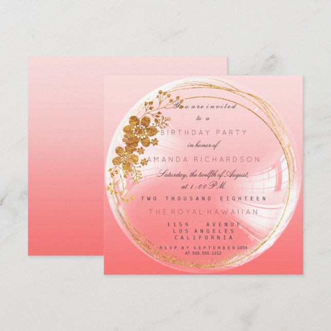 Invitation Golden Circle Peach Bubble Birthday Ombre (Devant / Derrière)