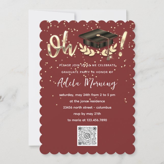 Invitation Golden Confetti Graduate Party QR Code Bourgogne (Devant)