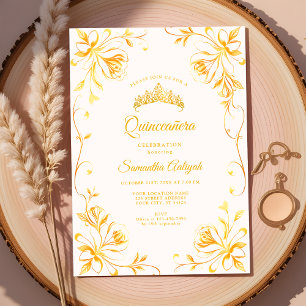 Invitation Golden Crown Luxe Or Floral Quinceañera