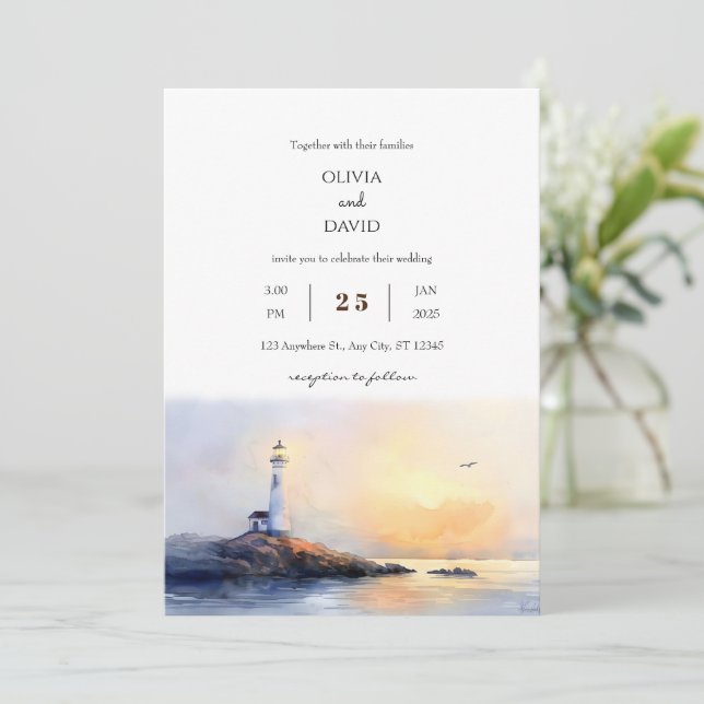 Invitation Golden Dawn Lighthouse Watercolor Beach Mariage (Debout devant)