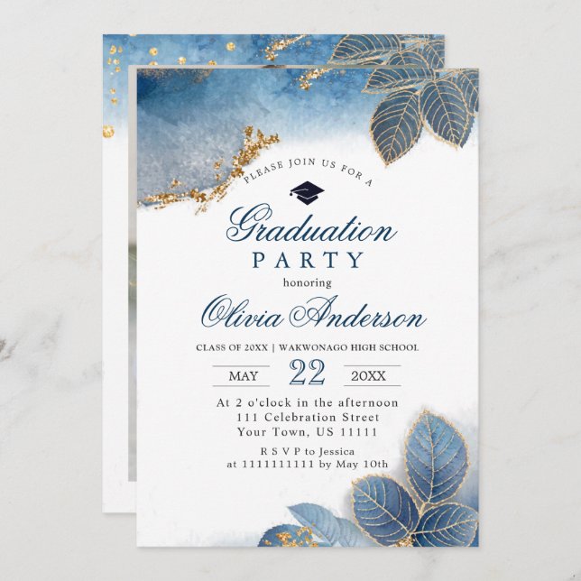 Invitation Golden Dusty Blue PHOTO Graduation Party (Devant / Derrière)