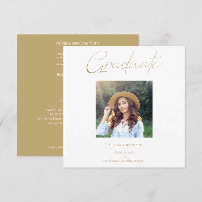 Invitation Golden Effect Elegant Custom Photo Graduation (Devant / Derrière)