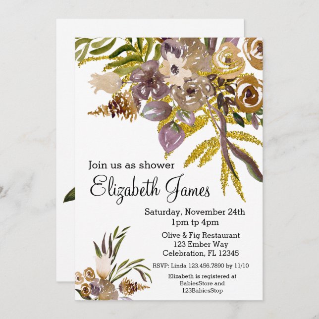 Invitation Golden Elegance Fall Baby shower floral (Devant / Derrière)