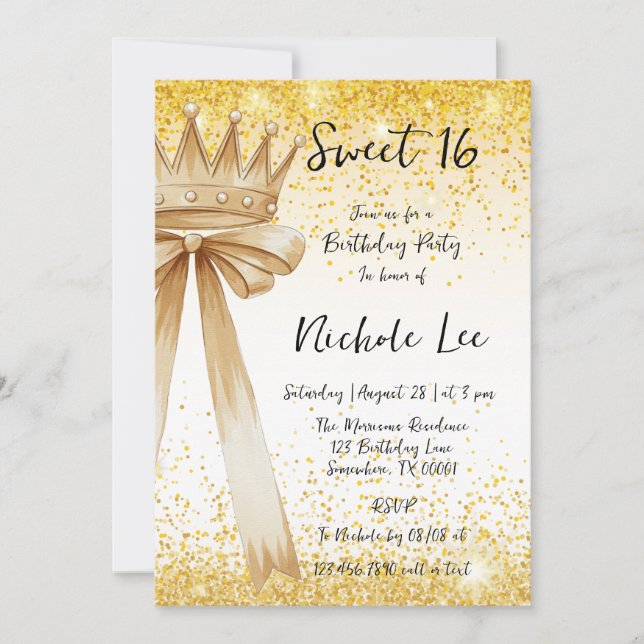 Invitation Golden & Elegance : Sweet 16 Crown & Bow (Devant)
