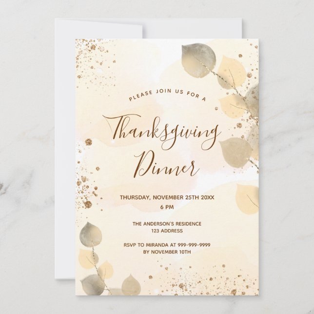 Invitation Golden eucalyptus feuillage Thanksgiving Dîner (Devant)