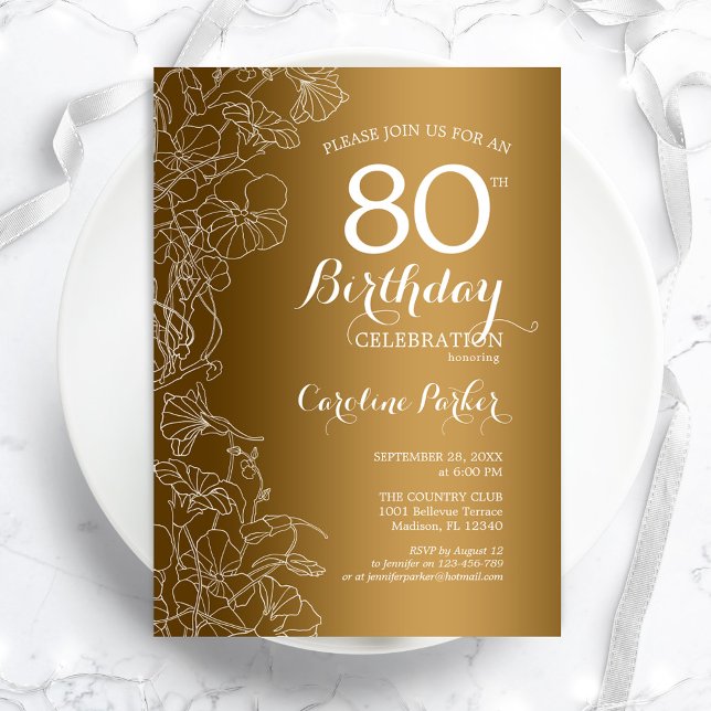 Invitation Golden Floral 80e fête d'anniversaire (Créateur téléchargé)