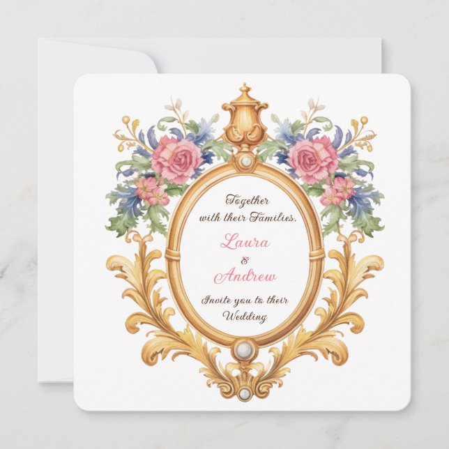 Invitation Golden Floral Rococo Wedding Elegant Regal Roses (Devant)