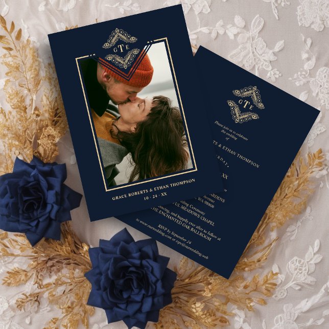 Invitation Golden Flourish Classic Ornament Photo Navy Blue (Golden Flourish Classic Ornament Photo Navy Blue Wedding Invitation Card.)