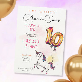 Invitation Golden Foil Balloon Unicorn Girl 10th Birthday