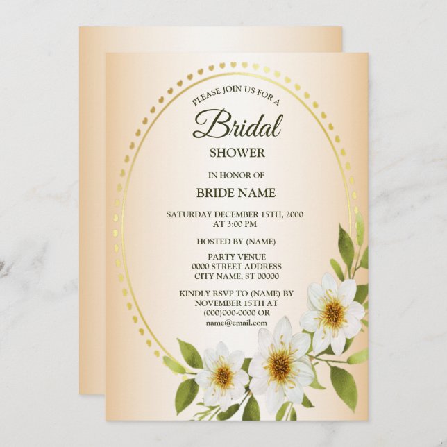 Invitation Golden Frame White Floral Peach Bridal Shower (Devant / Derrière)