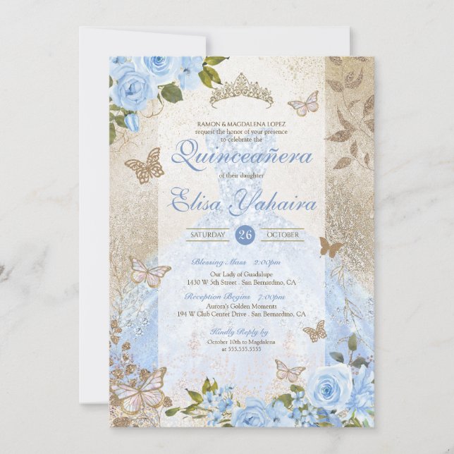 Invitation Golden Glam Cinderella Blue Butterfly Quinceanera (Devant)