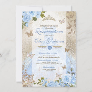 Invitation Golden Glam Cinderella Blue Butterfly Quinceanera