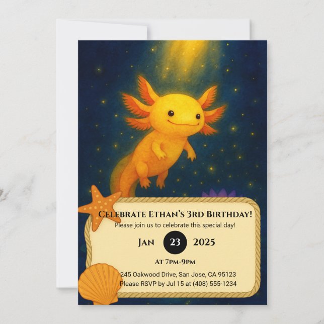 Invitation Golden Glow Axolotl Birthday  (Devant)