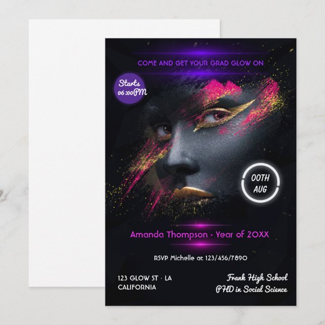 Invitation Golden Glow in the Dark Neon Graduation Party Invi (Devant / Derrière)