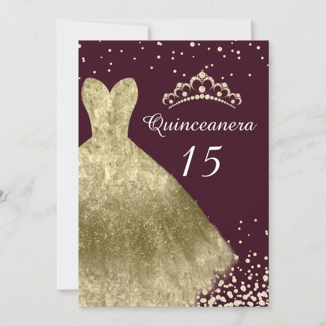 Invitation Golden Gown Bourgogne Retour Quinceanera Party 15e (Devant)