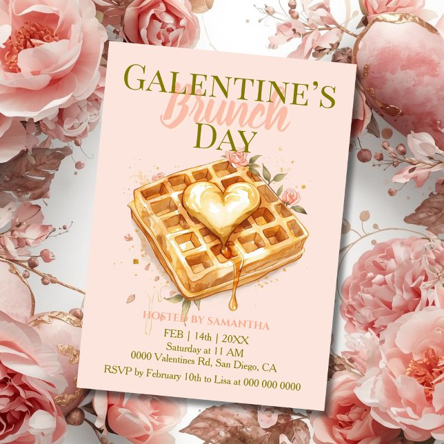 Invitation Golden Heart Waffle Galentine Brunch Pastel Floral (Créateur téléchargé)