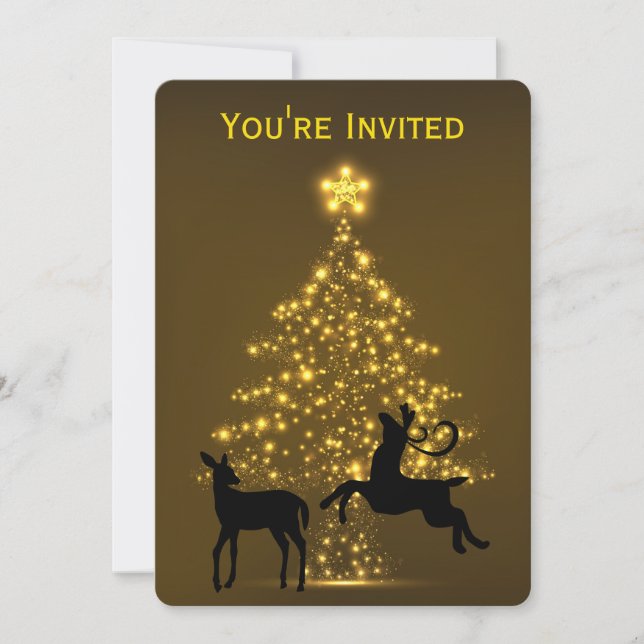 Invitation Golden Holiday Tree avec Mariage de cerfs Silhouet (Devant)