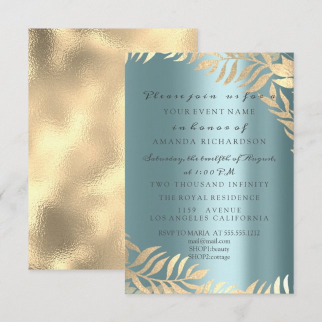 Invitation Golden Jungle Blue Gold Élégante nuptiale (Devant / Derrière)