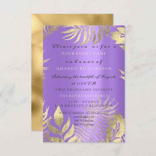 Invitation Golden Jungle Purple Élégant Naissance nuptiale (Devant / Derrière)