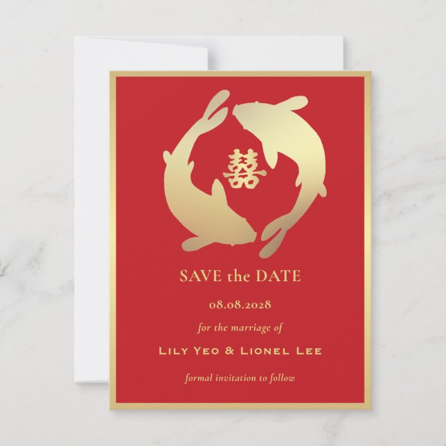 Invitation Golden Koi et double bonheur | Enregistrer la date (Devant)