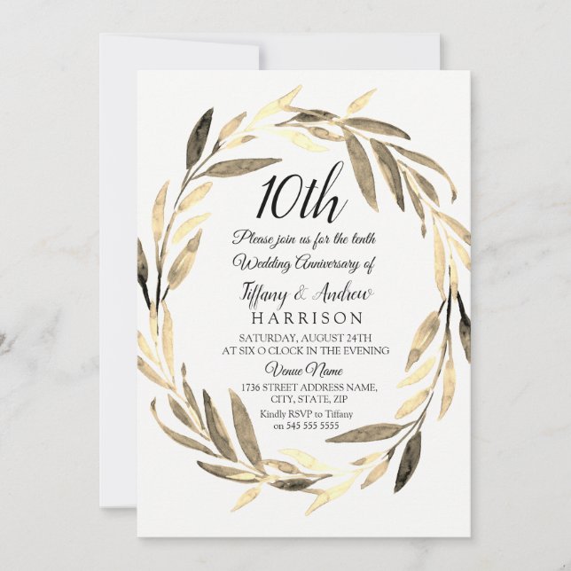 Invitation Golden Leaf Wreath 10e anniversaire Mariage Invita (Devant)