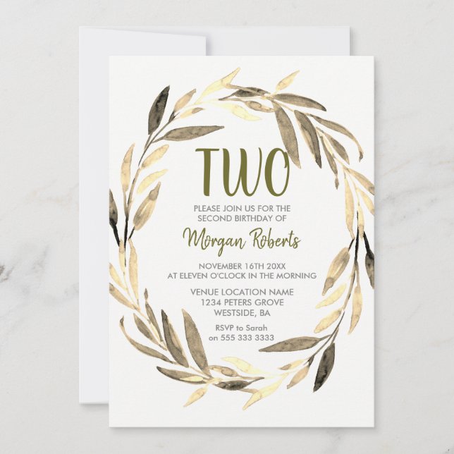 Invitation Golden Leaf Wreath 2e anniversaire garçon ou fille (Devant)