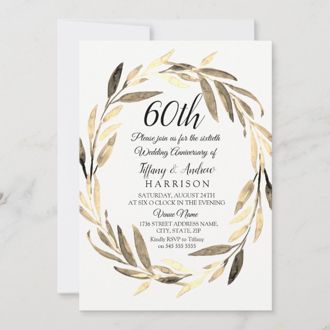 Invitation Golden Leaf Wreath 60e anniversaire Mariage Invita (Devant)
